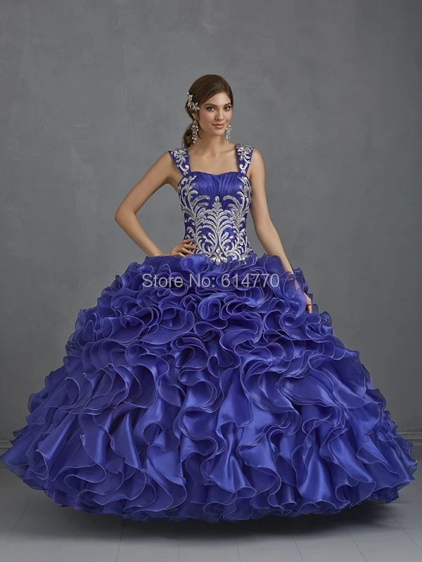 Embroidered beaded customize free shipping long girls cheap puffy ruffled royal blue prom dress with short sleeve P1065 | Свадьбы и