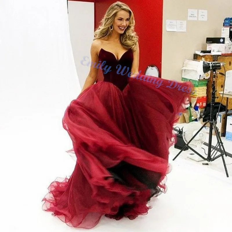 Винно-красное бархатное платье для выпускного вечера 2017 А-линия Длина до пола