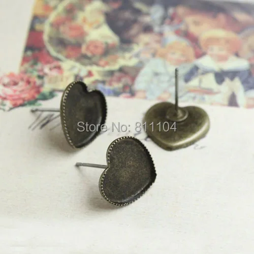 

12mm Antique Bronze tone Blank Earrings Base Heart pads Tray Cameo Cabochon Pins Earrings stud post Settings Findings Crafts