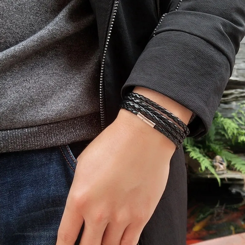 Черный кожаный браслет с 4 рядами для мужчин винтажные черные браслеты