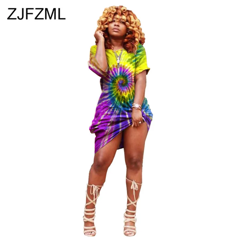 Женское мини платье с принтом Tie Dye летнее асимметричное облегающее рубашка