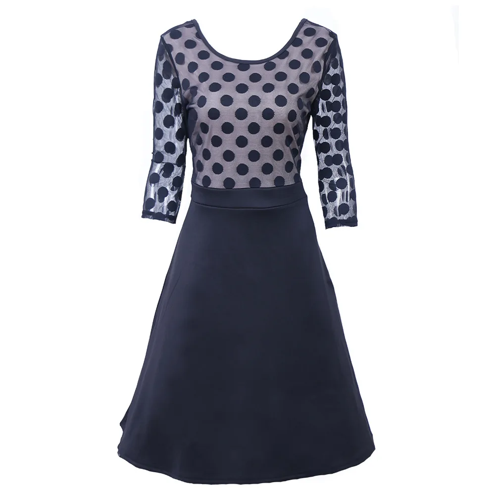 Сарафан миди Sheer Dots платье три четверти рукав o-образным вырезом Bodycon Elegent платья