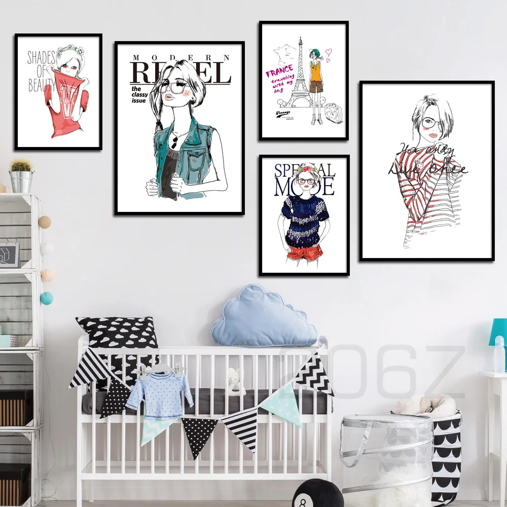 

Cartoon Fashion Girl Paris Tower Quote Nordic Posters And Prints Wall Art Canvas Painting Wall Pictures Baby Girl Boy Room Decor
