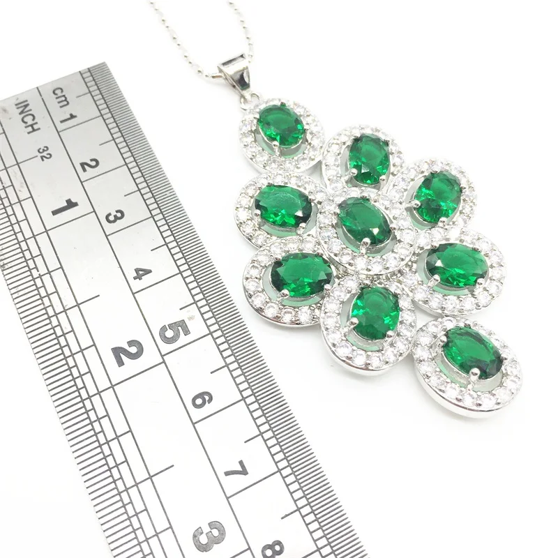Cubic Zirconia Indian Silver 925 Jewelry Sets For Women Green Big CZ Created pendant Necklace And Earring Ladies | Украшения и