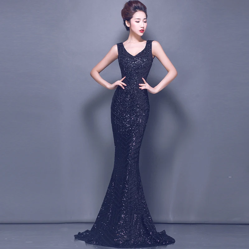 Женское вечернее платье с юбкой годе открытой спиной и V образным вырезом|long evening