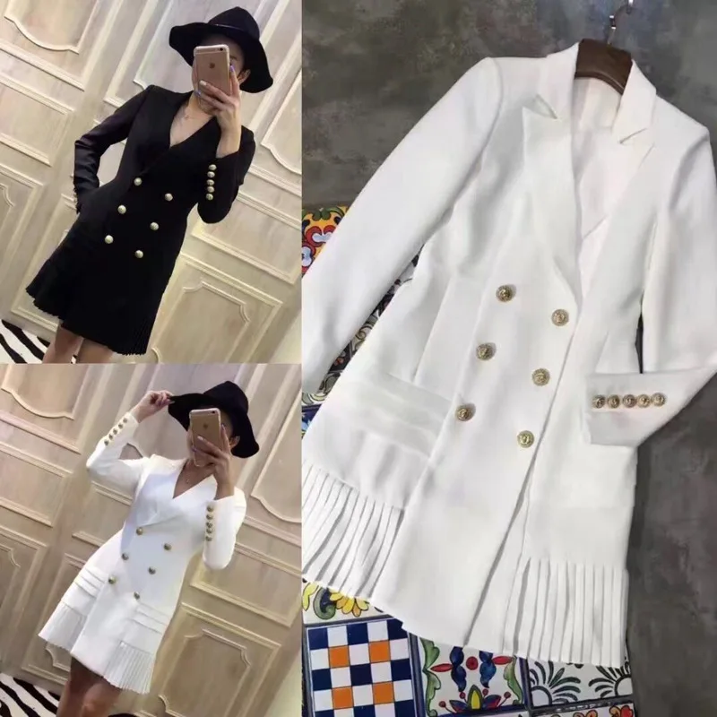 

2020 women's new classic double row metal buckle pleated hem slim slimming suit dress