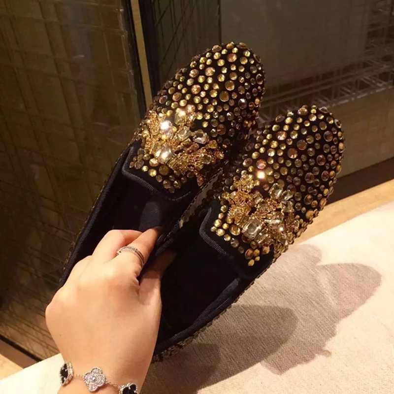 Luxury Shoes Women Designers Sliver Blue Gold Crystal Embellished Flats Round Toe Shallow Casual Loafers Woman Dress | Обувь