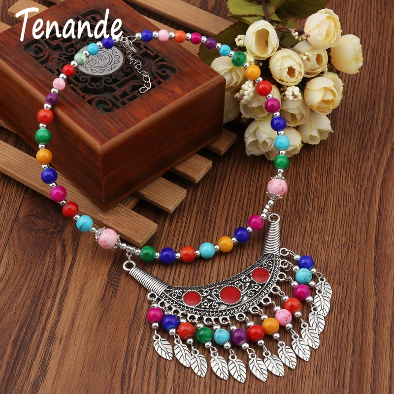

Tenande New Bohemia Big Statement Turquoise Stone Beads Leaf Tassel Necklaces Pendants for Women Vintage Maxi Jewelry Collar