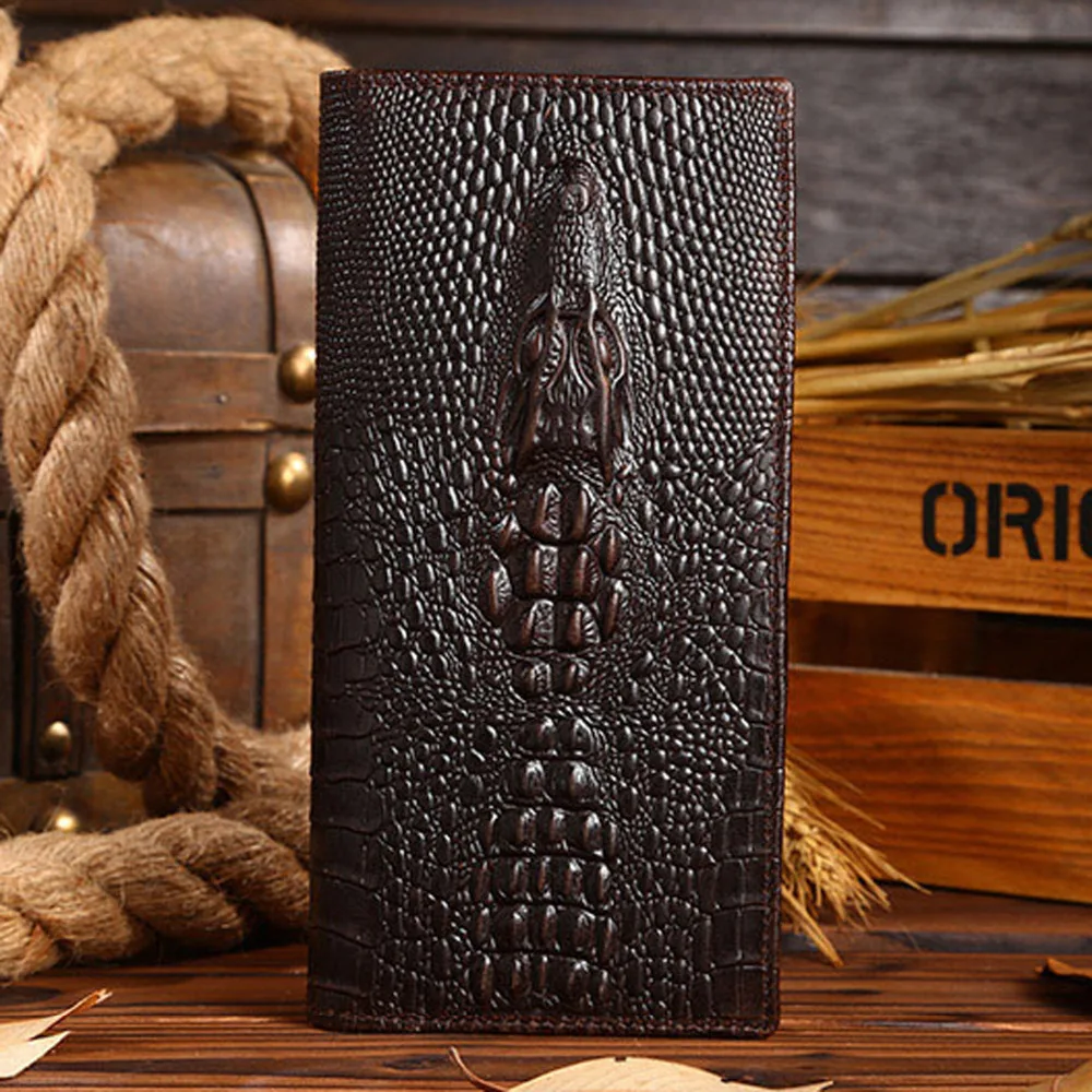 High Quality Men Genuine Leather Long Wallet Crocodile Grain Oil Wax Cowhide Retro Male Multi-Card Holder Clutch Money Bag Purse