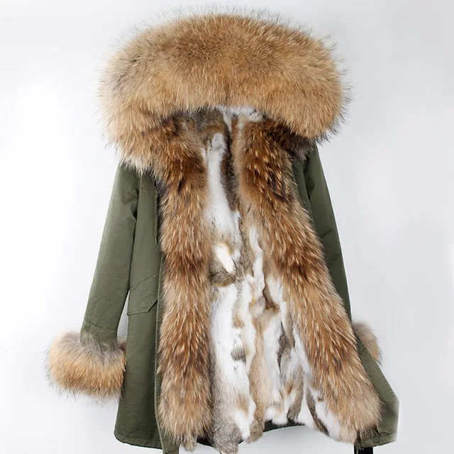 long OFTBUY, новинка, парка, натуральный мех, пальто, зимняя куртка для женщин, натуральный мех енота, воротник, теплый, толстый, мех кролика, подкладка, парки, отстегивающиеся - Цвет: long