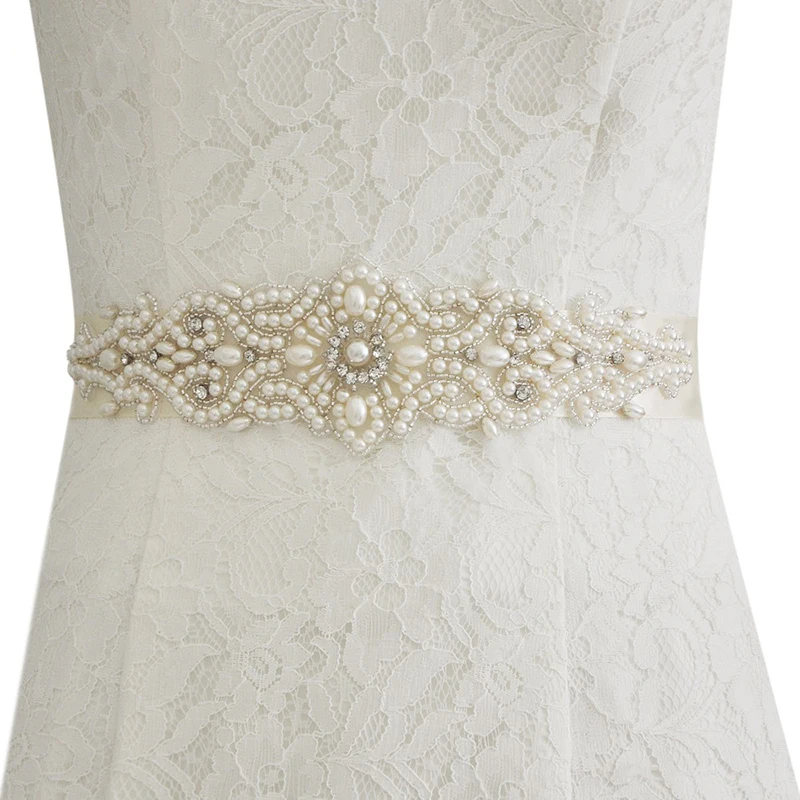 

Babyonline Hand Made Pearls Satin Wedding Dress Belt Luxury Sash Ribbon White Beige Bridal Belt Cinturon Novia
