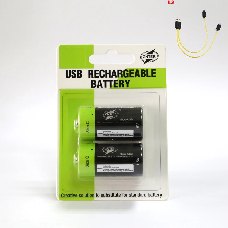 Черный ZNTER 1,5 V Размер C перезаряжаемая батарея 3000mAh литий-полимерная батарея микро USB кабель Быстрая зарядка - Цвет: Черный