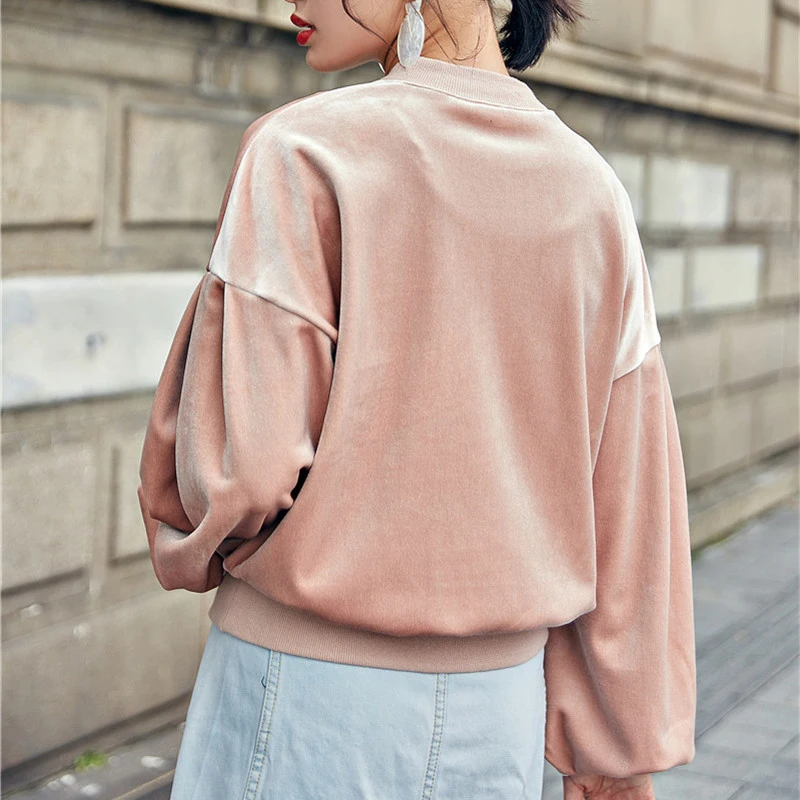 Винтаж велюр осень-зима Вышивка письмо Latern рукавом Толстовка Для женщин