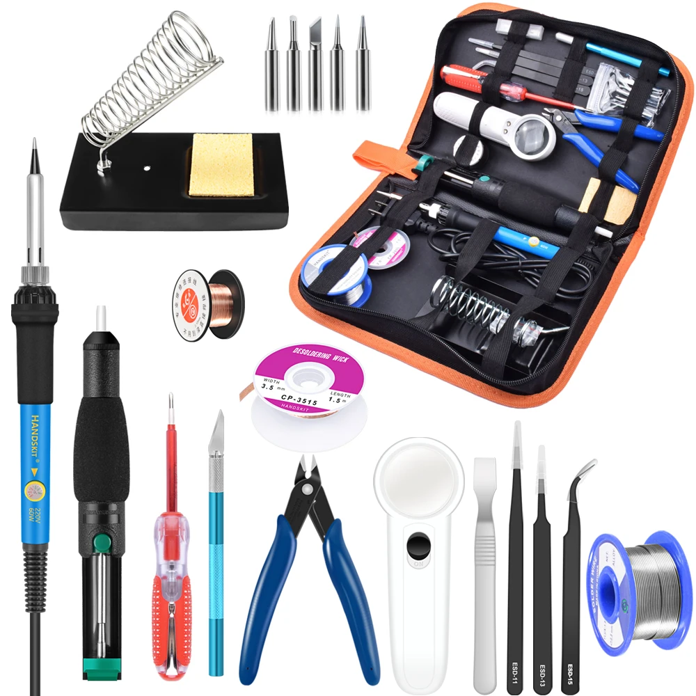 Handskit Soldering Iron Kit 60W 110/220V Adjustable Temperature With Desoldering Pump Stand Tweezer And 5 Tips|Электрические