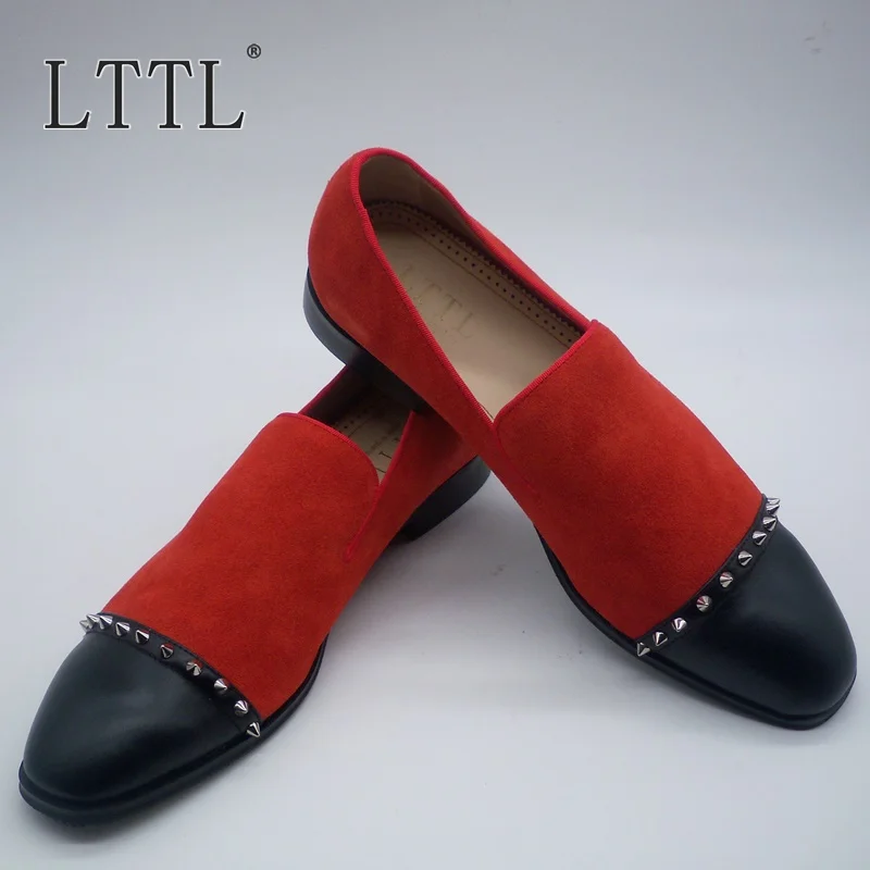 LTTL/Новые модные красные замшевые лоферы; роскошная мужская обувь ручной работы в стиле пэчворк без шнуровки; мужская обувь с шипами для свадьбы и выпускного вечера