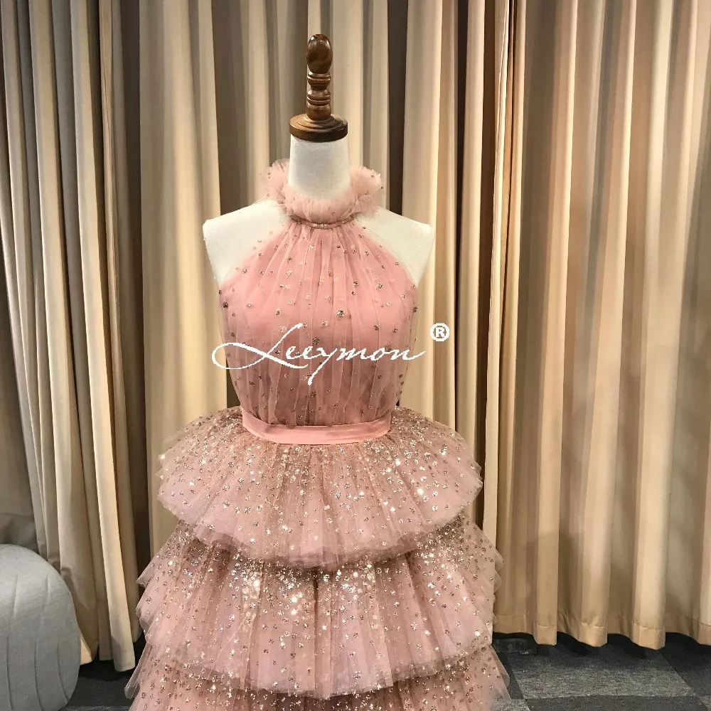 Розовый блеск Halter платья без рукавов Пром платья Robe De Soiree торжественное платье длинное платье Многоуровневое платье молния Назад