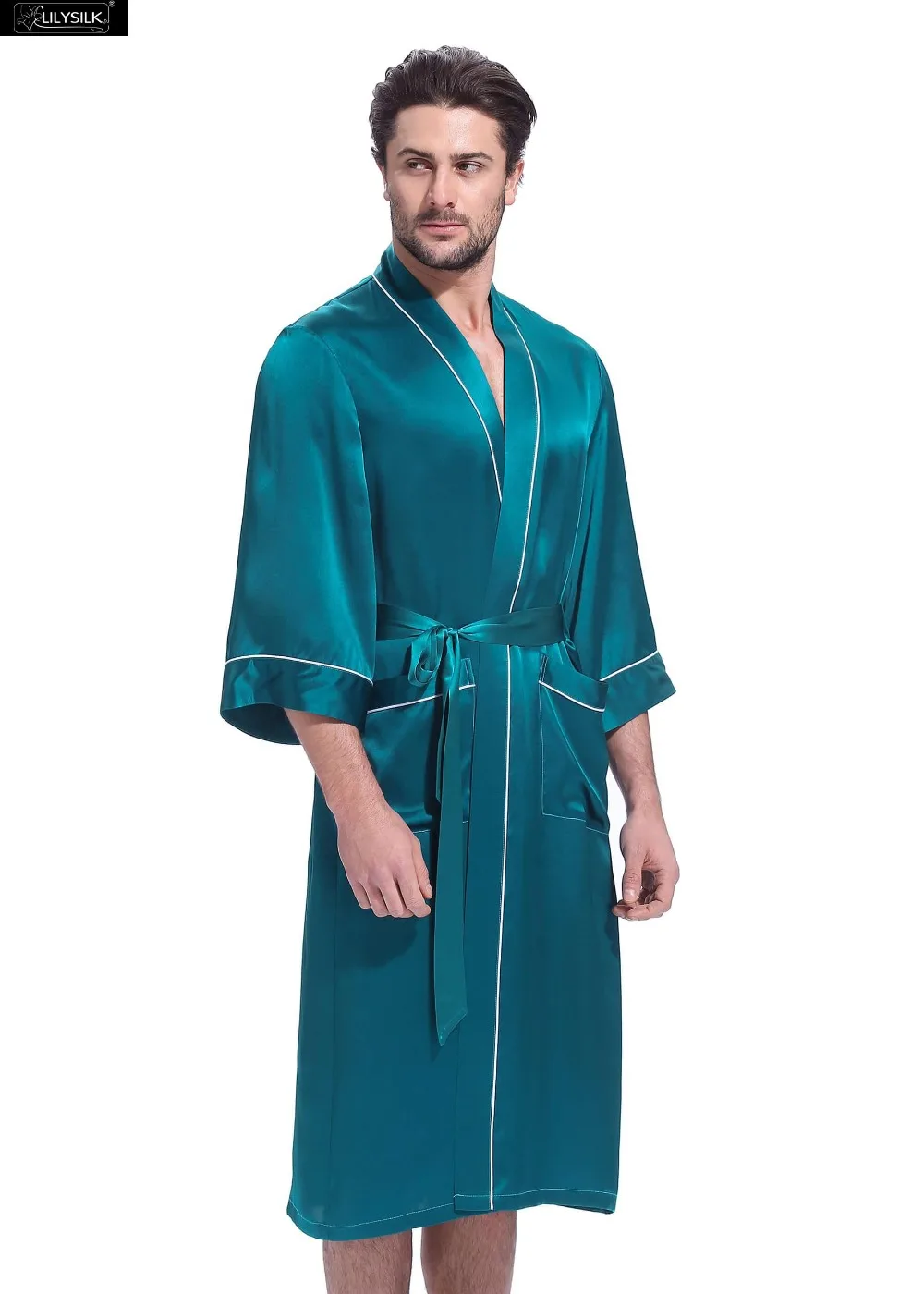 LilySilk халат пижама кимоно для мужчин чистый шелк белая отделка рукав три четверти