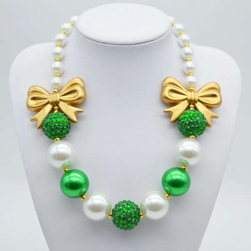 

wholesale 5PCS Kids White Green Pearl Necklace Collar Choker Children Girls Chunky Bubble Gum Necklaces for Gold Bow