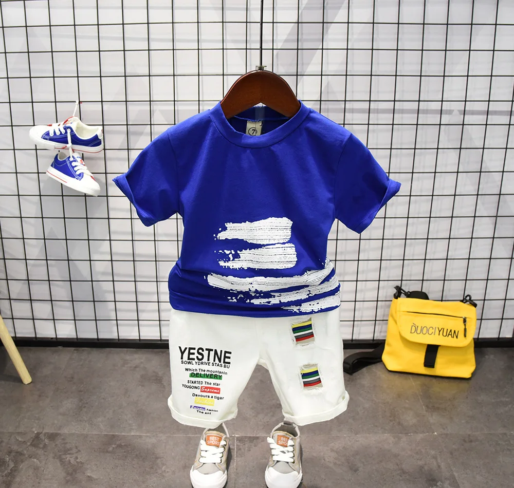 

2 3 4 5 6 Years Summer Toddler Boys Clothes 2pcs Set Blue T-Shirt+ Hole Denim Pants Ripped Jeans Outfit Kids Baby Boy Clothing