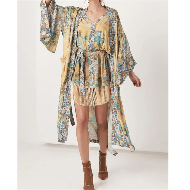hirigin New Fashion Womens Cotton Floral Printed Cover-up Blouses Female Summer Beach Style Long Blouses Ladies Casual Shirts