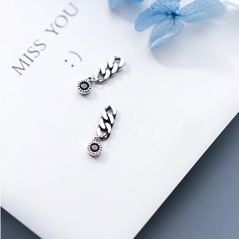 

PONYKISS Vintage 100% 925 Thai Silver Chic Chain Black Zircon Dangle Drop Earrings Women Party Fashion Delicate Jewelry Gift