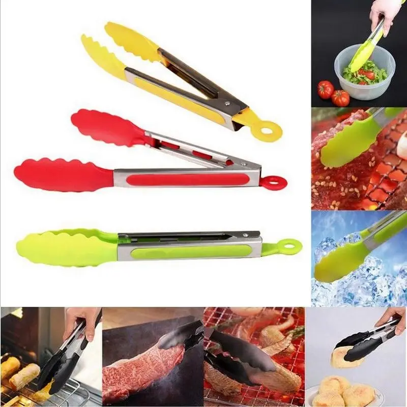 

Random Color Silicone Cooking Salad BBQ Tongs Stainless Steel Handle Utensil +B