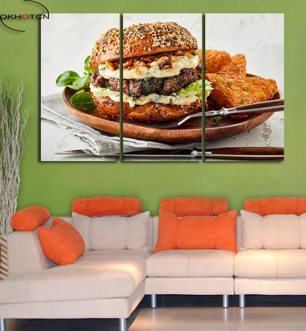 Гамбургер куриный стейк быстро Еда холст Картины Wall Art HD печатает 3 шт./компл. Unframed искусство для Декор в гостиную