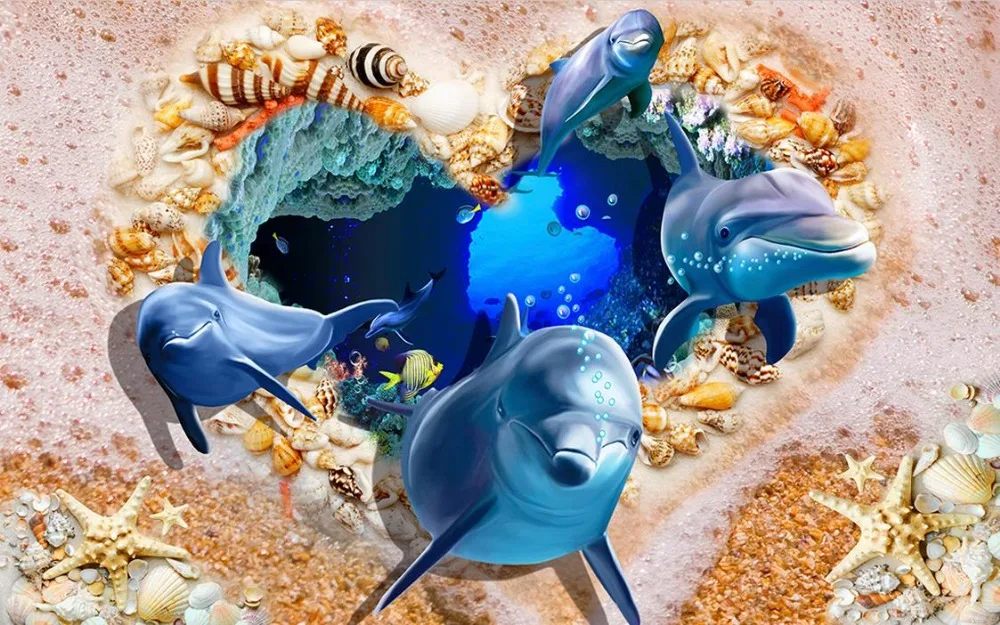 Пользовательские 3d напольные плитки Дельфин оболочки пляжа окна обои фотообои