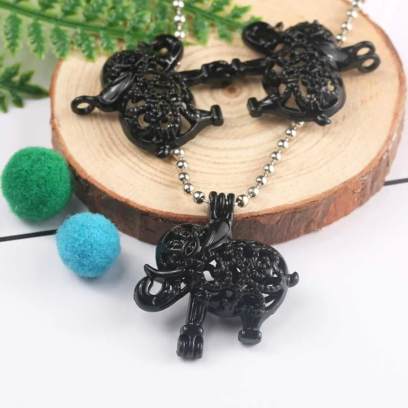 Яркий черный милый слон жемчужная клетка ювелирное ожерелье кулон ароматерапия