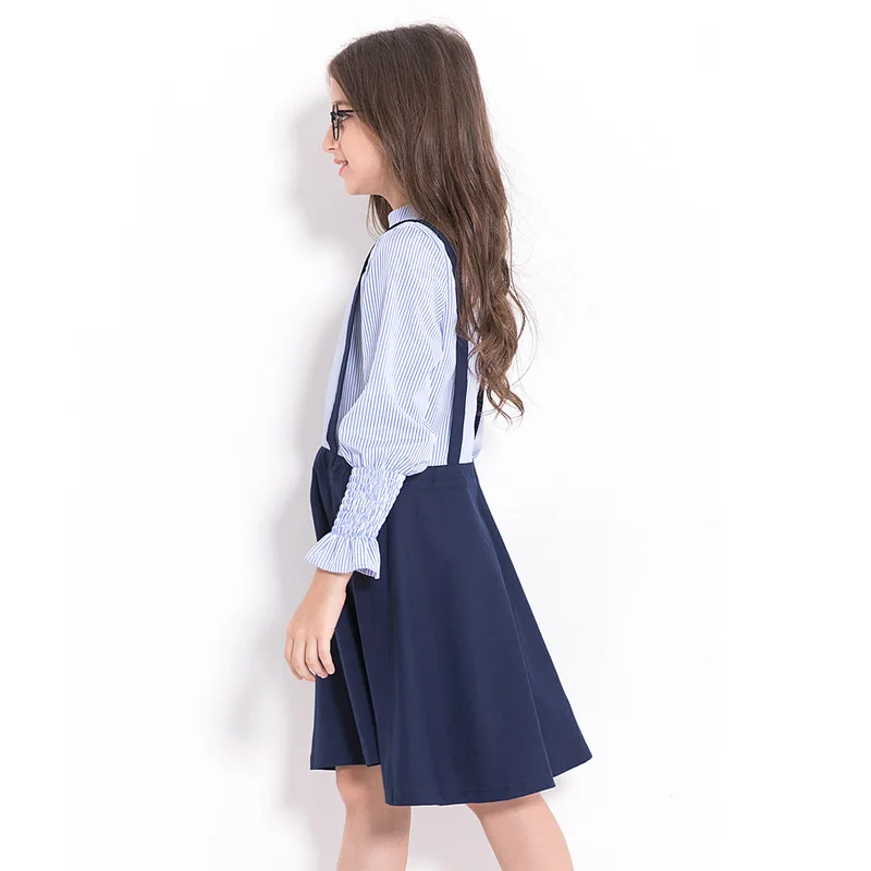 Hot Girl Dress Striped Suspenders For 6-12 Years Kids Petal Sleeve Knee-Length School Dresses England Style Princess | Детская одежда и