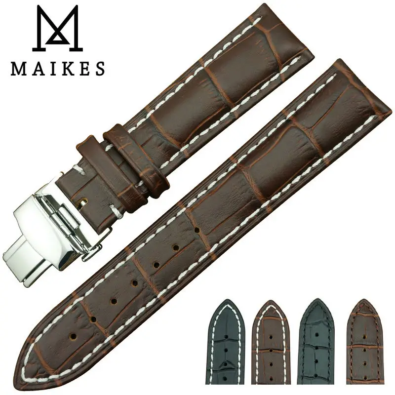 Ремешок для часов MAIKES из натуральной кожи с пряжкой-бабочкой нержавеющей стали