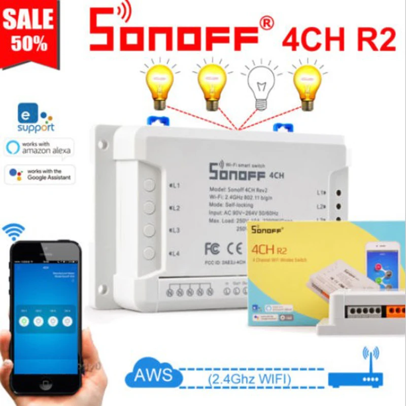 Sonoff 4CH R2 PRO Smart Switch 4 канала 433 МГц Wifi Пульт дистанционного управления умные модули