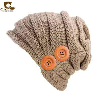 khaki Хит, зимняя вязаная шапка Skullies, двойные деревянные кнопки, шапочки, шапка, наборы головных уборов, толстые теплые шапки для женщин с пуговицами - Цвет: khaki