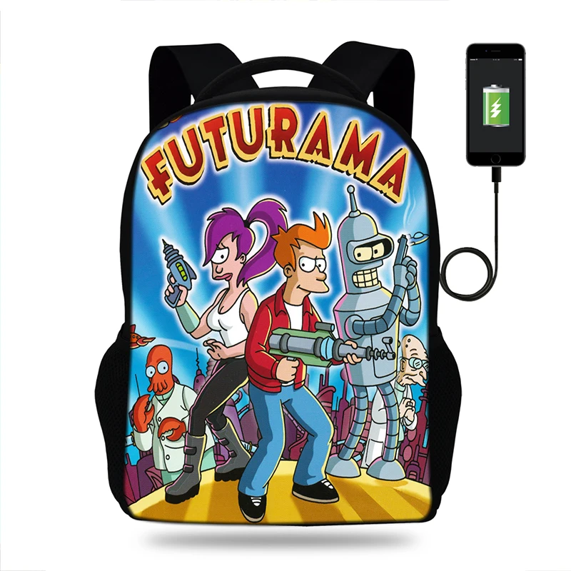 Студенческий школьный рюкзак аниме Futurama USB зарядка ноутбук для подростка большой