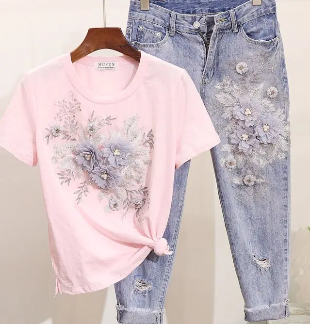 Pink Set Amolapha, Женская хлопковая Футболка с блестками и объемным цветком+ джинсы до середины икры, комплекты одежды, Летний джинсовый костюм до середины икры - Цвет: Pink Set