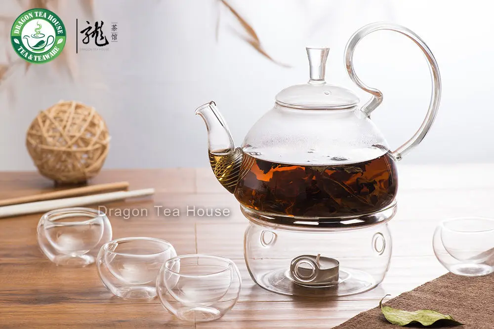 Чайный сервиз из прозрачного стекла чайник с фильтром подогревателем и четырьмя
