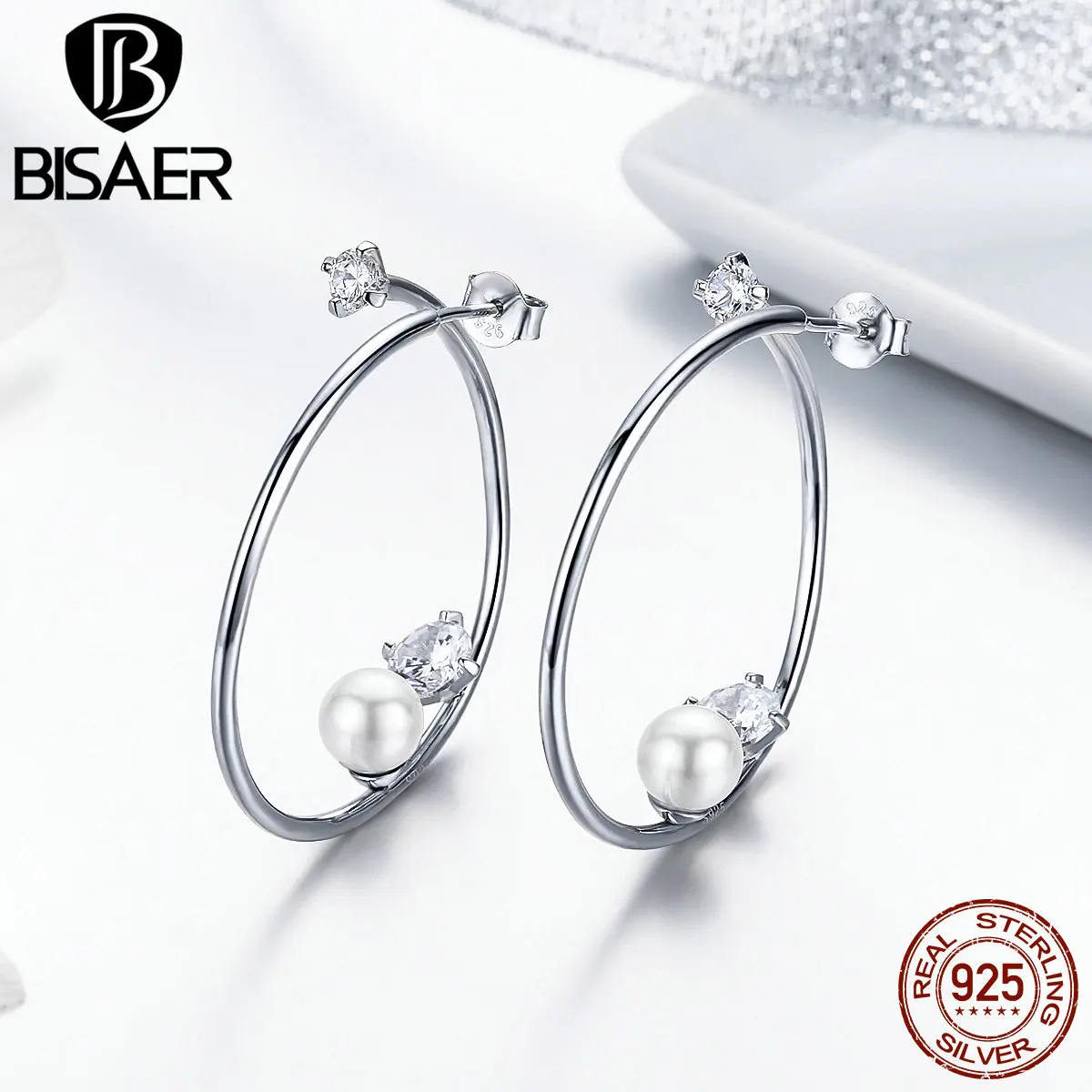 BISAER, большие круглые серьги, 925 пробы, серебряные, простые, Круглые, серьги-гвоздики для женщин, геометрическая форма, ювелирные изделия EFE074