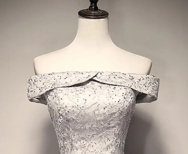 Серебряные кружевные вечерние платья 2018 мерцающие трапециевидные для