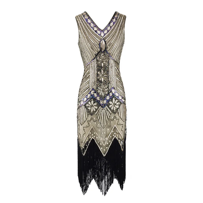 Женское платье для вечеринки, Robe Femme 1920s Great Gatsby, платье миди с блестками и бахромой, летнее платье, Ретро стиль, женское вечернее платье - Цвет: Gold