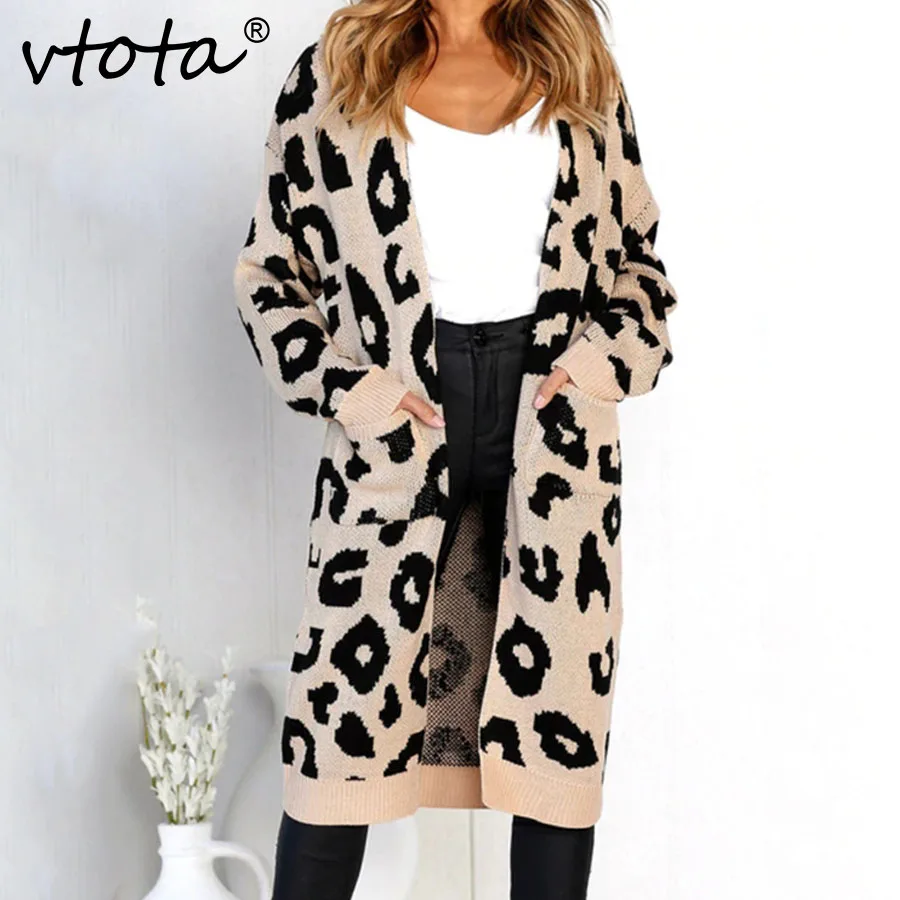 VTOTA 2018 Autumn Outwear Coats Women Cardigan Long Leopard Knitted Sleeve Sweater Overcoat For Female C20 |