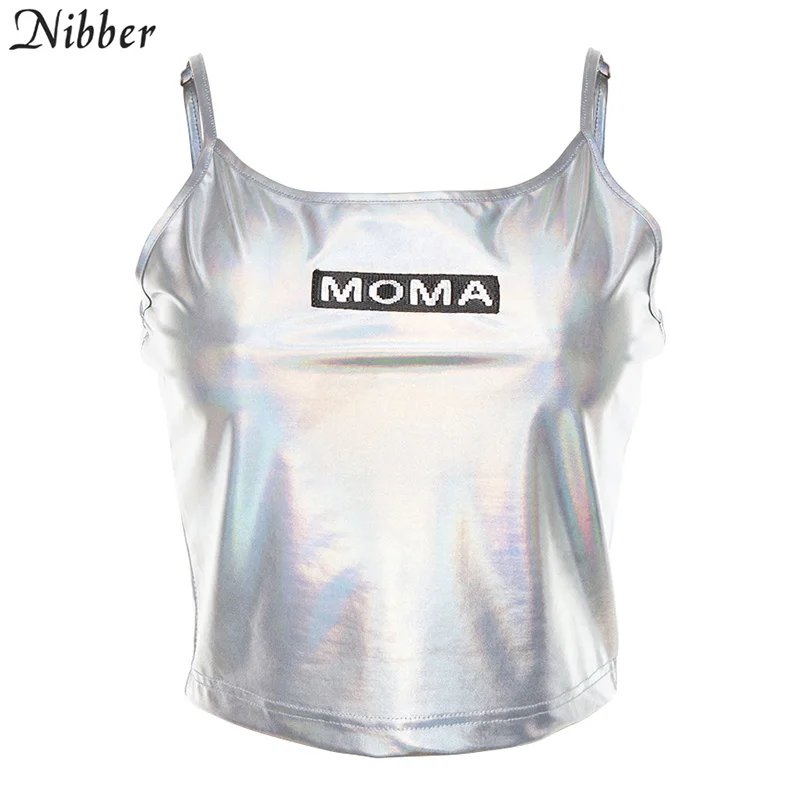 Nibber весенние модные блестящие серебряные укороченные топы camisole женские новые футболки с короткими рукавами женские повседневные Клубные праздничные безрукавки - Цвет: Серебристый