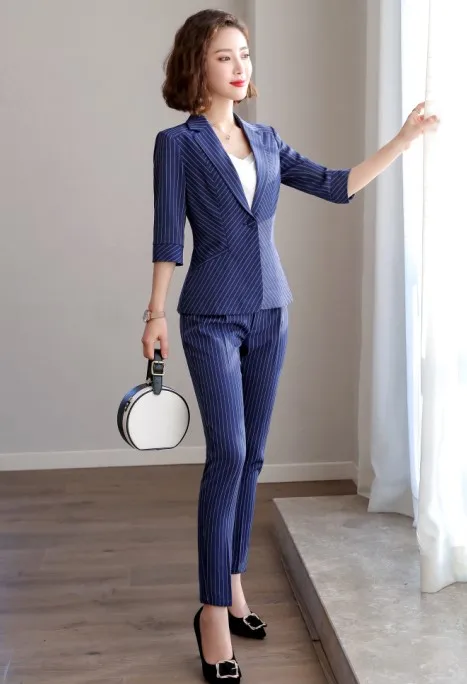 Blue coat and pants Новинка, летние деловые полосатые брюки, костюмы для женщин, формальные, формальные, модные, половина рукава, Тонкий Блейзер и брюки, Офисная Женская одежда для работы - Цвет: Blue coat and pants