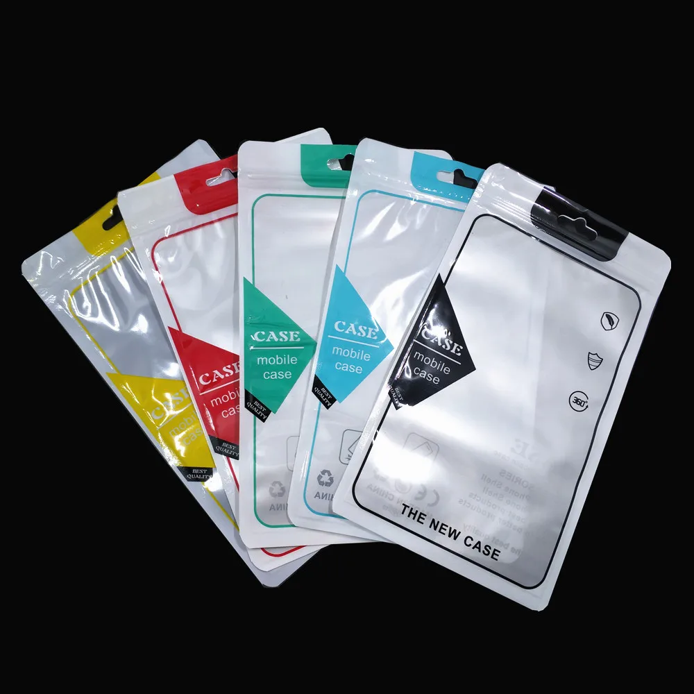

100Pcs 5 Style 12x21cm Mobile Phone Case Plastic Zipper Pouch Hang Hole White/Clear Reusable Ziplock Bag Phone Shell Package Bag