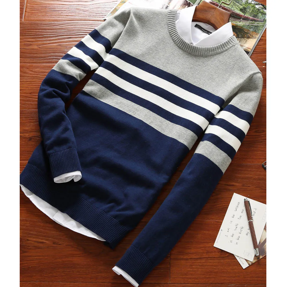 Navy Blue Мужской свитер, Новое поступление, Повседневный пуловер для мужчин, осенний, круглый вырез, в стиле пэчворк, качественный, вязанный, брендовый, мужской свитер, B0275 - Цвет: Navy Blue