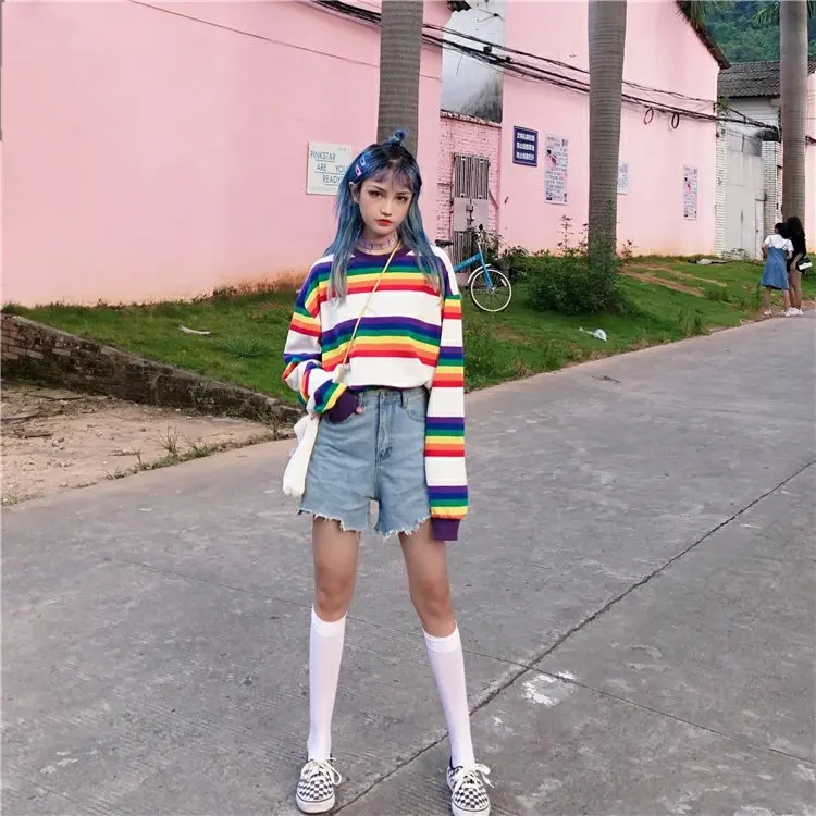 Женская футболка, Осенние Топы, корейский Ulzzang Harajuku, радужная полосатая футболка для женщин, футболка с длинным рукавом, женская повседневная одежда