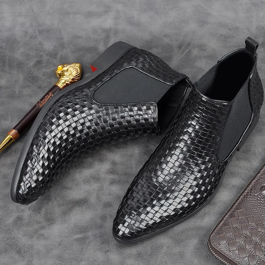 High Quality Genuine Leather Formal Breathable Man Chelsea Ankle Boots Pointed Toe Weaved Men's Handmade Riding Shoes AM194 | Обувь