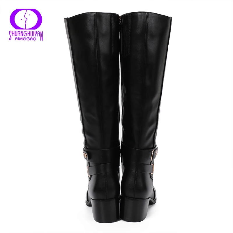 Женские сапоги до колена AIMEIGAO черные с круглым носком на молнии зима 2017|winter shoes for