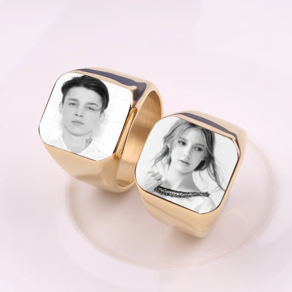 Personalized Customize Engrave Photo Logo Names Rings Square Big Width Signet Ring Stainless Steel Men Finger Black Gold color Украшения