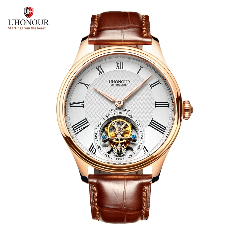 Rose Gold Dial Brown Классические Механические часы с турбийоном, мужские часы с ремешком из крокодиловой кожи, римские часы с циферблатом, мужские механические часы с турбийоном - Цвет: Rose Gold Dial Brown