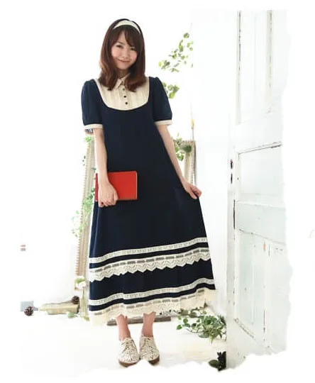 

Женское длинное кружевное платье Mori Girl, летнее эластичное хлопковое платье с короткими рукавами в японском стиле, темно-синее длинное платье